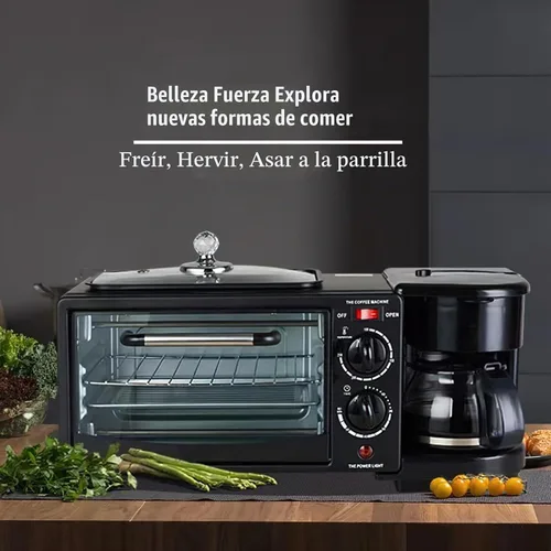 Vista 4 de Máquina de desayuno casera multifuncional 3 en 1, mini horno, cafetera (negro)