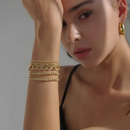 Vista 4 de Pulseras con cuentas de oro y eslabones de cadena chapadas en oro de 14 quilates para mujer, refinadas, ajustables
