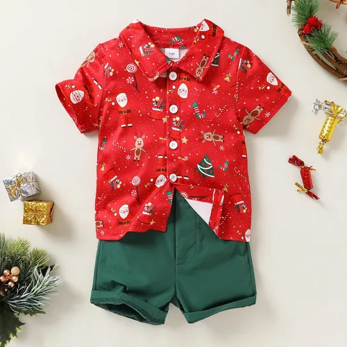 Vista 2 de JEELLIGULAR Conjunto de pantalones cortos y camisa con botones y estampado de Papá Noel para niños pequeños