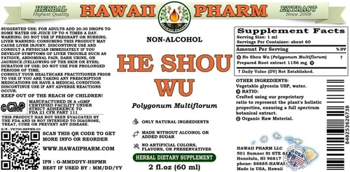 Vista 2 de Hawaii Pharm He Shou Wu Extracto líquido sin alcohol, He Shou Wu, Fo Ti (Polygonum Multiflorum) Suplemento herbario natural de glicerita de raíz