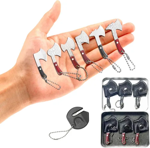 Vista 7 de HAOXU Juego de cuchillos de chef mini de Damasco con vaina, pequeños cuchillos EDC, abridor de paquetes, cortador de cajas, llavero, afilador