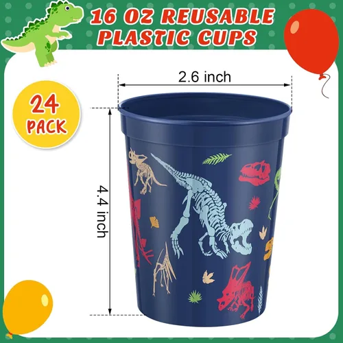 Vista 4 de Nuanchu Paquete de 24 vasos de plástico para fiesta de dinosaurios, suministros de cumpleaños, vaso de dinosaurio reutilizable para decoración