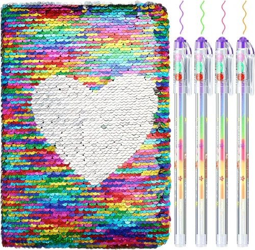 Vista 8 de Outus Juego de diario de lentejuelas para niñas con 4 bolígrafos de tinta de gel de color, diario reversible, cuaderno de lentejuelas con purpurina