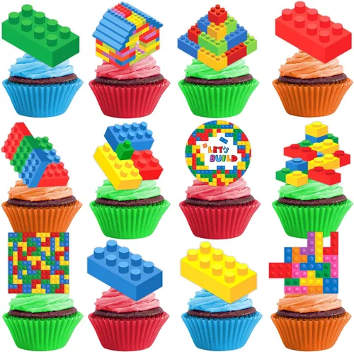 Vista 3 de 25 piezas de bloques de construcción con temática de feliz fiesta de cumpleaños, decoración de cupcakes, decoración de decoración de construcción