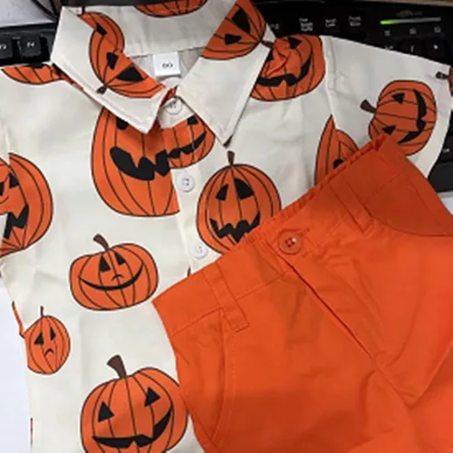 Vista 7 de Conjunto de camiseta de manga corta con cabeza de calabaza para bebé niño, traje de Halloween, pantalones cortos naranjas de verano