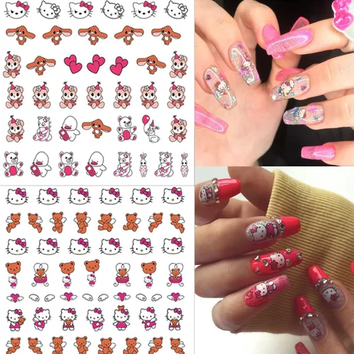 Vista 3 de Calcomanías de uñas bonitas, 8 hojas de calcomanías de uñas de dibujos animados kawaii 3D, autoadhesivas, diseño de gato, dijes de uñas acrílicas