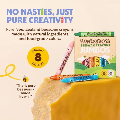 Vista 2 de Honeysticks Crayones jumbo (paquete de 8) – Crayones no tóxicos – Cera de abeja 100% pura y colores de grado alimenticio – 8 colores brillantes