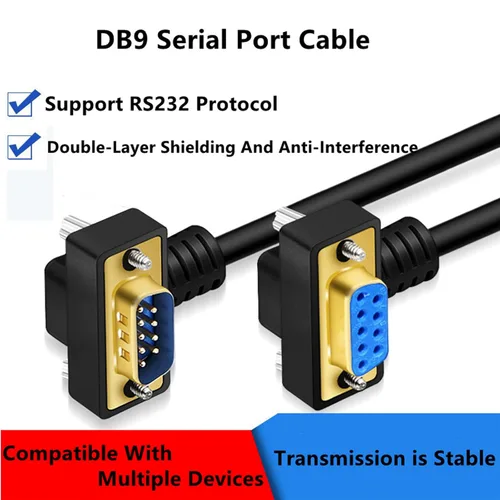 Vista 2 de DB9 RS232 Cable de puerto serie de ángulo recto macho a hembra 9 pines chapado en oro RS232 COM Cable de conexión (16.4 ft)