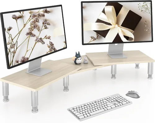 Vista 9 de AX WABER Soporte elevador de monitor doble, soporte para monitor con patas de acero de altura ajustable, soporte de monitor de madera