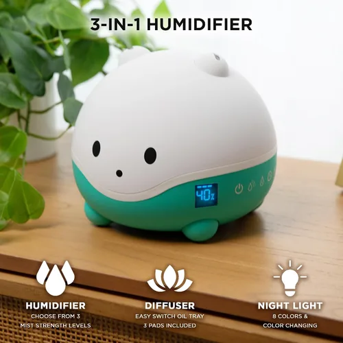 Vista 2 de LittleHippo WISPI Humidificador 3 en 1, Difusor y Luz Nocturna para Bebé/Niños - 3 Intensidades de Neblina, 7 Luces LED Cambiantes de Color, Bandeja