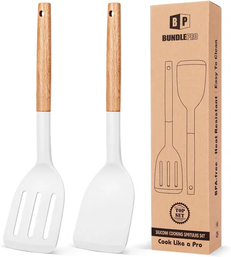 Vista 11 de Paquete de 2 espátulas de cocina de silicona, espátulas sólidas resistentes al calor, espátulas ranuradas antiadherentes con mango corto de madera