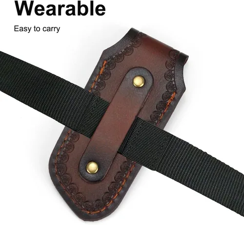 Vista 3 de Funda de cuchillo de bolsillo de 4/4.5 pulgadas, funda de cuero portátil para cuchillo con diseño de agujero para colgar para cinturón