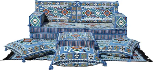 Vista 12 de arabicsofa Sofá Tradicional Árabe para Piso – Juego de Cojines Modulares para Sala de Estar Azul