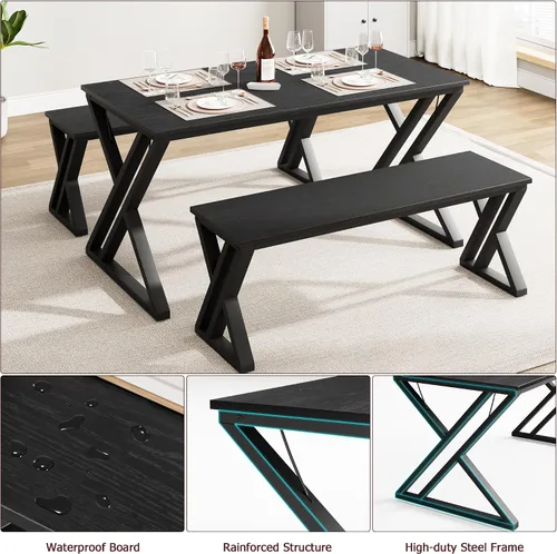 Vista 4 de GAOMON Juego de mesa de comedor de 55 pulgadas para 4-6, juego de mesa de cocina con 2 bancos, juego de mesa de comedor rectangular con marco