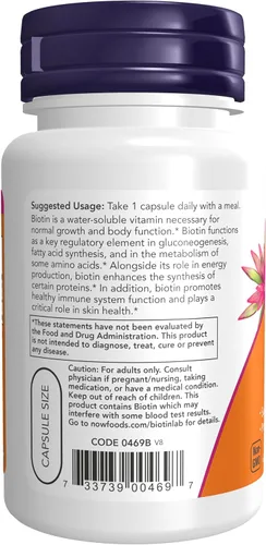 Vista 3 de NOW Foods Suplementos, Biotina 1000 mcg, Metabolismo de Aminoácidos*, Producción de Energía*, 100 Cápsulas