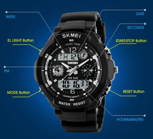 Vista 8 de FANMIS Unisex Sports Watches Military Analog Digital Display Watch Multifunction Dual Time Alarm Stopwatch Backlight 50M Waterproof Outdoor Sports