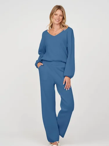 Vista 4 de MEROKEETY Conjunto de 2 piezas para mujer, de manga larga, cuello en V, suéter de punto y pantalón de pierna ancha
