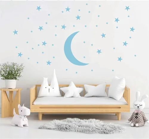 Vista 3 de 50 calcomanías de pared de estrellas y luna para habitación de los niños, calcomanías creativas de pared de estrellas blancas para bebé, decoración
