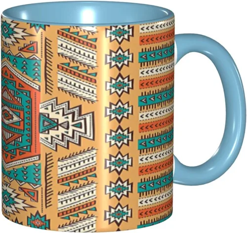 Vista 12 de Taza de café grande de cerámica, taza única tribal, patrón de tribu secreta azteca india, bohemio, 11 onzas, para oficina y hogar, naranja y verde