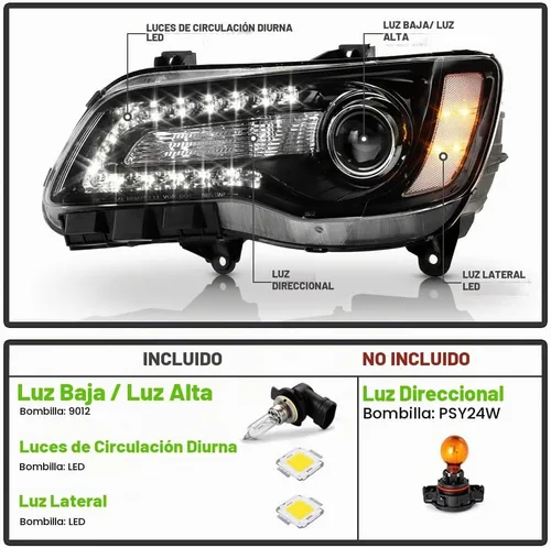 Vista 2 de ACANII - Faros delanteros para Chrysler 300 2011-2023 con proyector LED tipo halógeno DRL negro, juego de faros izquierdo + derecho