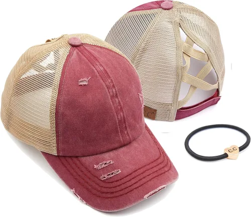 Vista 35 de C.C Gorra de béisbol de malla con diseño de estrella brillante, gorra de camionero ajustable para moño o cola de caballo Una banda elástica-negro