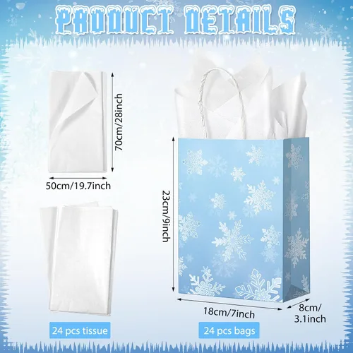 Vista 2 de Jectivs Paquete de 24 bolsas de regalo para fiestas, bolsas grandes y gruesas de papel kraft blanco con copos de nieve azul hielo con tejido blanco