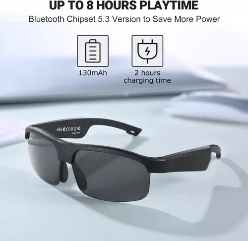 Vista 7 de Gafas inteligentes, gafas de sol polarizadas Bluetooth, micrófono y altavoces integrados, asistente de voz, protección UV, gafas de sol de audio