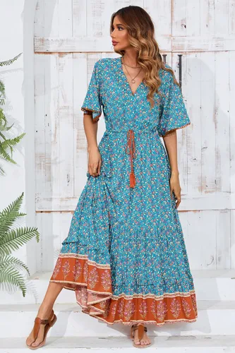 Vista 4 de R.Vivimos Vestido por debajo de la rodilla, para mujer, manga corta, de algodón, con cuello en V, diseño floral y estilo informalbohemio