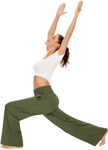 Vista 4 de UEU Pantalones de pierna ancha con volantes fruncidos y cintura alta para mujer, estilo casual, holgados, pantalones de yoga con bolsillos