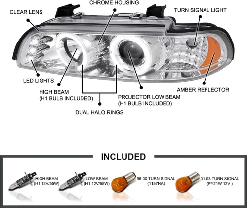 Vista 3 de SPEC-D TUNING Faros delanteros LED de doble ángel con proyector, cromados, compatibles con modelos BMW E39 5-Series 1996-2003 sin faros OE de xenón