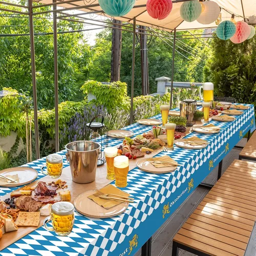 Vista 7 de 1 Pack Bavarian Oktoberfest Disposable Tablecloth Decorations, Plastic Rectangle Blue and White Bavarian Flag Check Table Cover, Oktoberfest