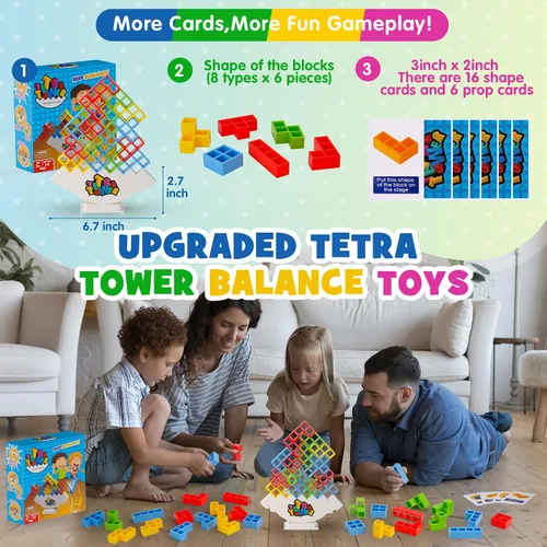 Vista 2 de WOWNOVA 48 piezas Torre Tetra, divertido juego de equilibrio y construcción de bloques para apilar para niños, adultos, amigos, equipo, aula