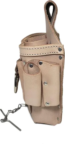 Vista 4 de Bolsa de cuero para herramientas de electricista con 6 bolsillos, bolsa de cinturón de herramientas de electricista resistente con soporte