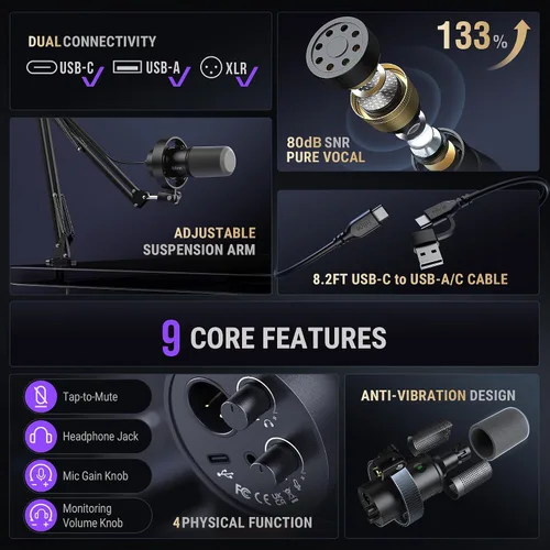 Vista 3 de FIFINE - Kit de micrófono de podcast K688, micrófono dinámico USB/XLR con brazo articulado para PC/mezclador XLR, micrófono para juegos con botón