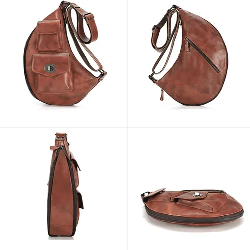 Vista 8 de Bolso bandolera de cuero genuino para hombres y mujeres, mochila en el pecho, bandolera, casual, al aire libre