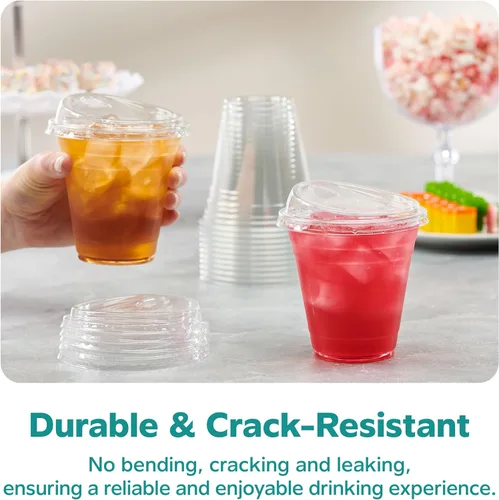 Vista 6 de GUSTO Vasos de plástico transparente con tapas [12 oz - 50 unidades] - Vasos desechables para bebidas de café helado con tapas para sorber sin