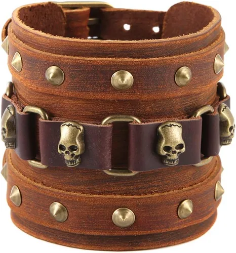 Vista 9 de STWTR Pulsera de cuero para hombre estilo punk rock, brazalete ancho tipo cinturón de motocicleta