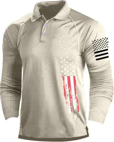 Vista 15 de Camisa polo de manga larga con bandera estadounidense para hombre, cuello gráfico patriótico, camiseta de golf, moderna, casual, cuello en V, tops