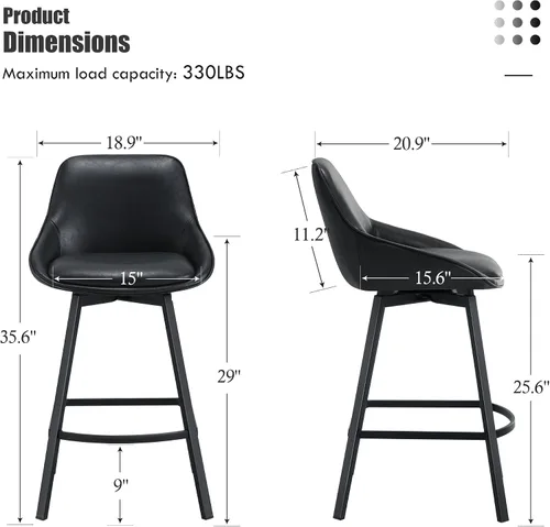 Vista 2 de Flouki Taburetes de bar con altura de mostrador, juego de 3 taburetes de bar giratorios negros para isla de cocina, taburetes de mostrador modernos