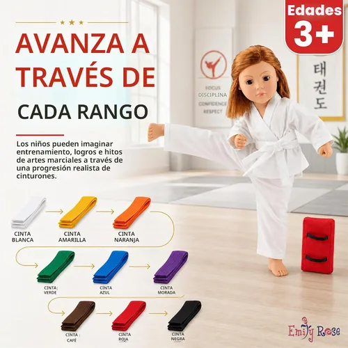Vista 3 de Emily Rose Conjunto de karate de muñeca de 18 pulgadas - Juego de 11 piezas de Taekwondo Gi con cinturones