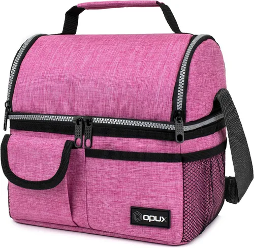Vista 10 de Opux - Bolsa de almuerzo aislada de doble compartimento para hombres y mujeres Bolsa de almuerzo reutilizable con correa para el hombro, forro