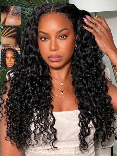 Vista 25 de KLAIYI Bye Bye Slip™ - Pelucas de cabello humano con encaje frontal 7x5, color marrón castaño degradado, rizado, sin pegamento, precortadas de 7 x