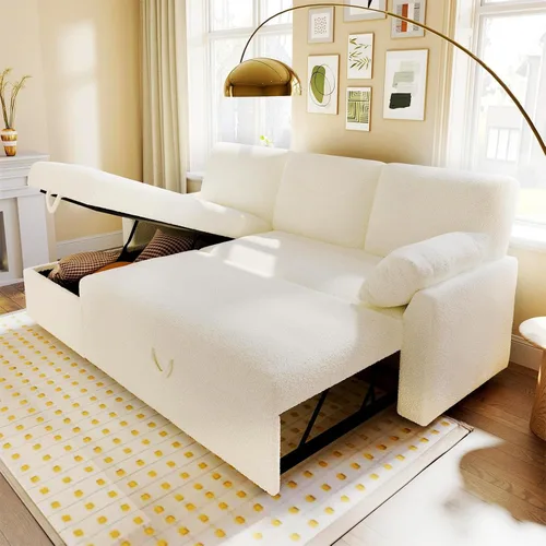 Vista 18 de VanAcc - Sofá cama con sofá cama extraíble de 2 en 1 con sofá cama extraíble con chaise de almacenamiento para sala de estar, cómodo sofá cama, Beige
