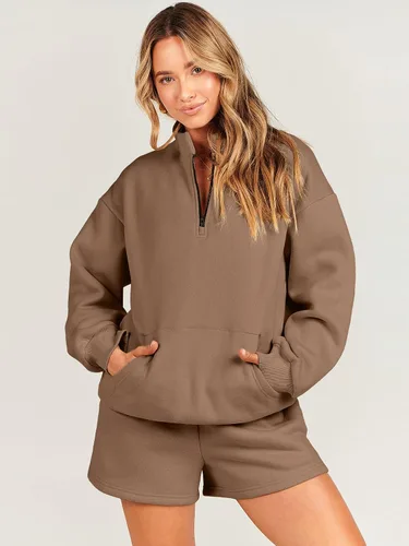 Vista 3 de Caracilia Conjunto deportivo de 2 piezas para mujer, sudadera de gran tamaño con media cremallera y pantalones cortos a juego para el otoño