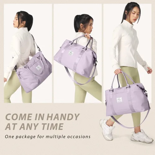 Vista 4 de Bolsa de gimnasio para mujer con compartimento para zapatos, bolsa de lona de viaje, bolsa de deporte para gimnasio, F5-Púrpura Claro, Bolsa de viaje