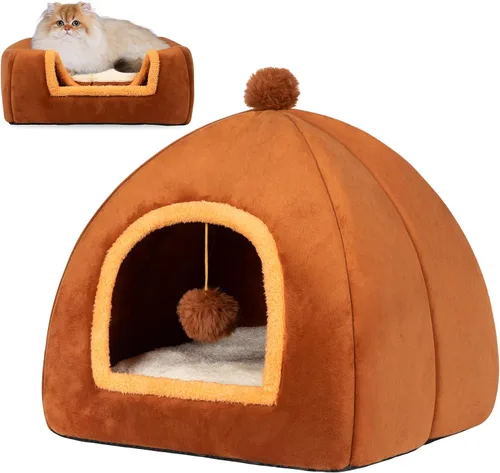 Vista 8 de Cama tipo cueva para gatos de interior, cama de tienda de campaña para gatos con almohada acolchada extraíble lavable, camas para gatitos 2 en 1