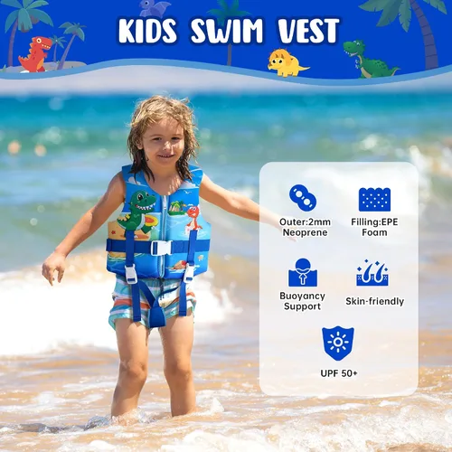 Vista 2 de Chaleco de natación para niños, flotadores para niños pequeños con correa de seguridad ajustable, ayudas de natación, flotador infantil, traje