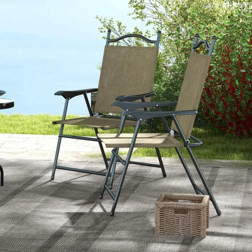 Vista 9 de Outsunny Sillas plegables para patio, juego de 4 sillas deportivas para adultos, sillas de camping con reposabrazos, asiento de tela de malla Beige