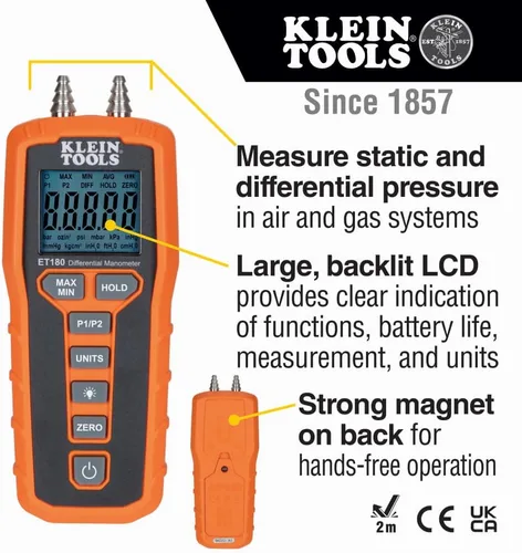 Vista 4 de Klein Tools 80142 Kit de detector de fugas de gas, detector de gas combustible, manómetro digital y comprobador de presión HVAC, doble puerto, 2