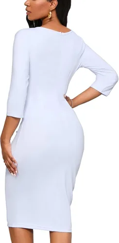 Vista 5 de Yajedo - Vestidos de iglesia para mujer, diseño clásico de manga 34, entallado, con volantes, vestido tubo de largo por debajo de la rodilla